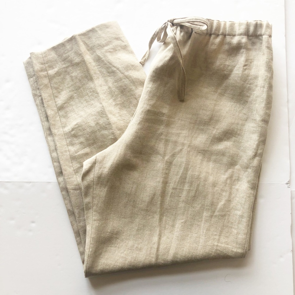 Lafayette 148 Pants Womens 12 Beige 100% Linen Drawstring Straight Leg Loose Fit